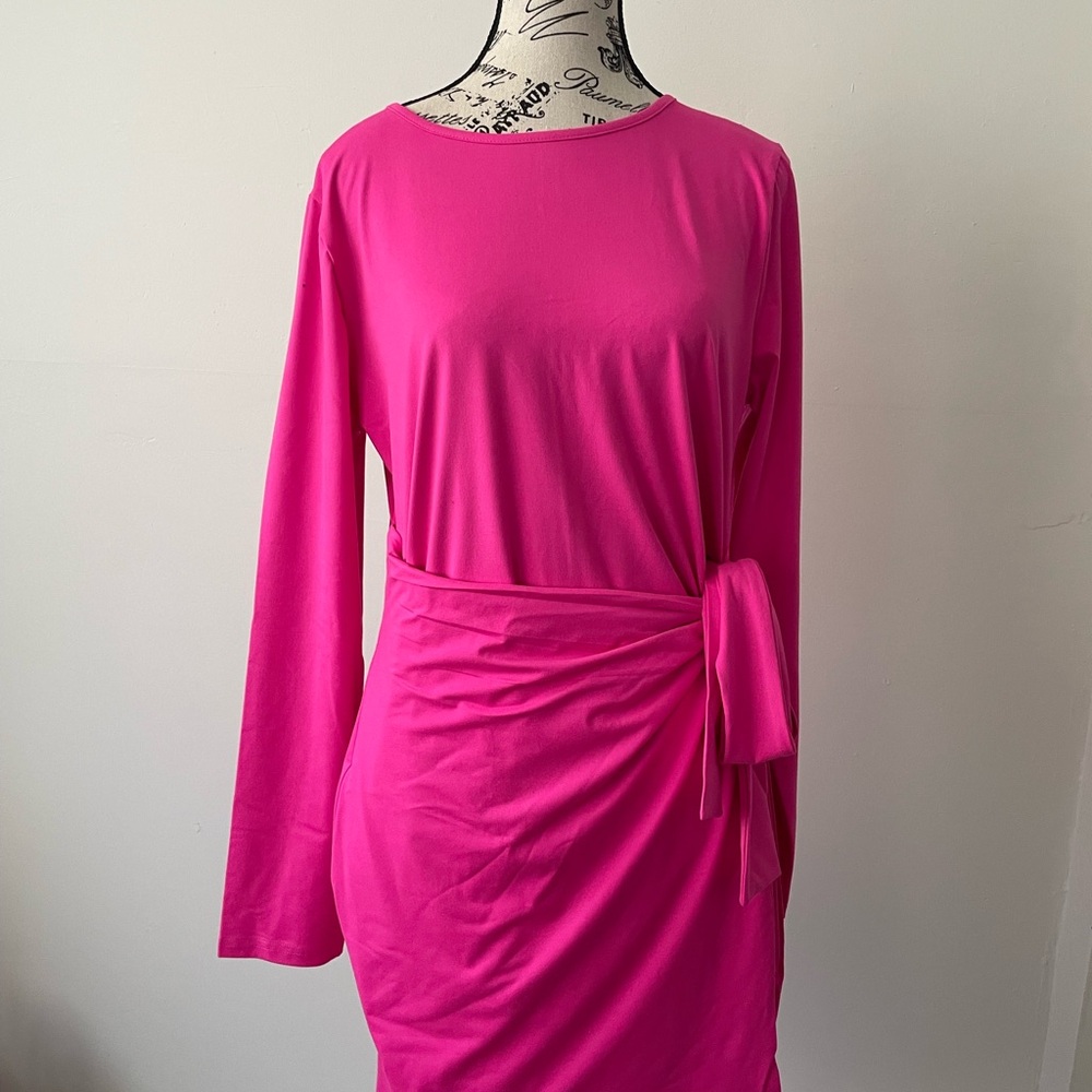 Hot Pink Wrap Tie Side Dress Long Sleeve Ruched Mini Barbiecore